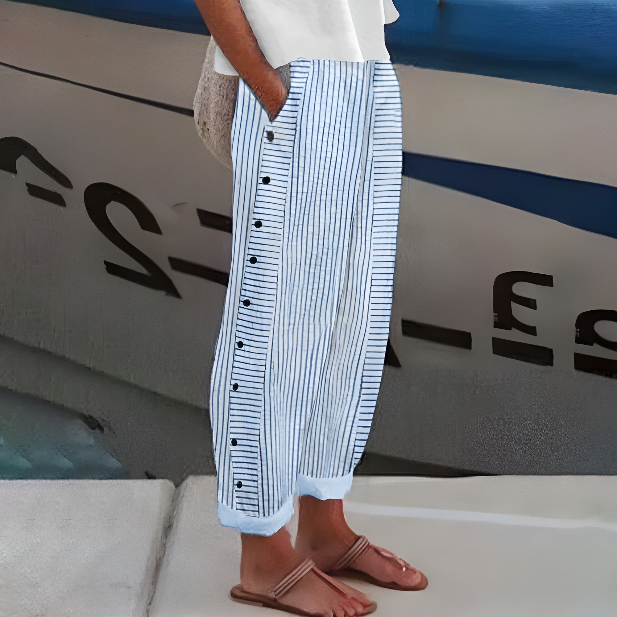ELENA | Light Summer Trousers with Thin Stripes and Side Buttons for Casual Chic Style