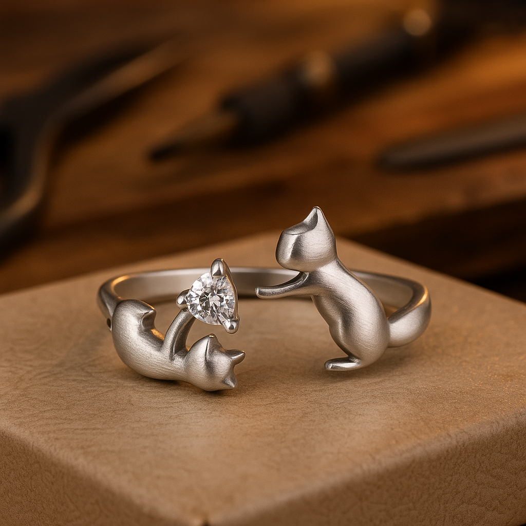 Adjustable sterling silver ring with a playful cat and cubic zirconia