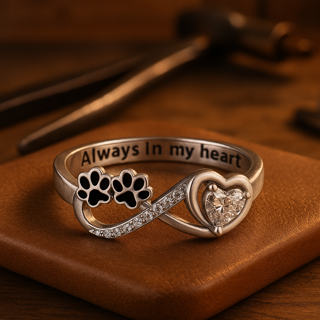 Ring with zirconia in the shape of a paw print featuring a heart and infinity design
