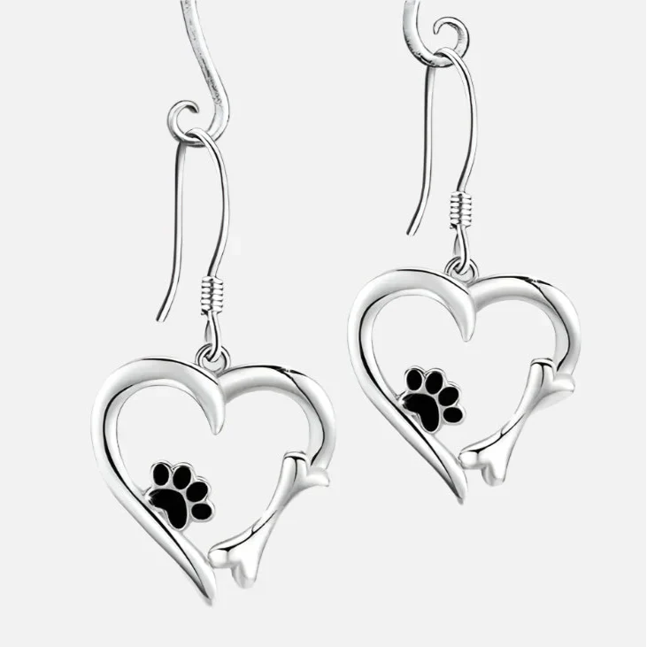 Silver Hanging Earrings with Heart and Paw Print Design