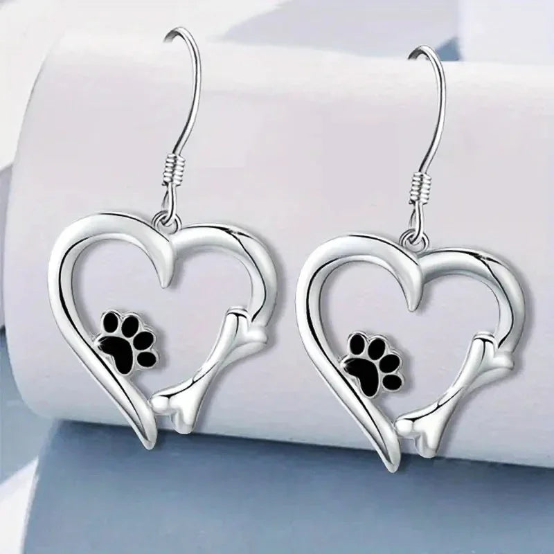 Silver Hanging Earrings with Heart and Paw Print Design