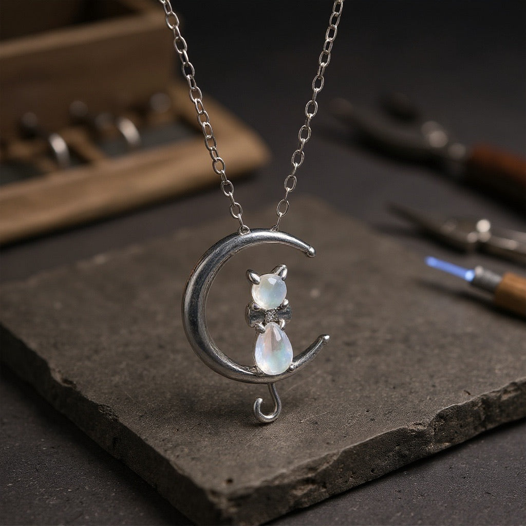 Necklace with Moonstone in the Shape of a Half Moon and Cat