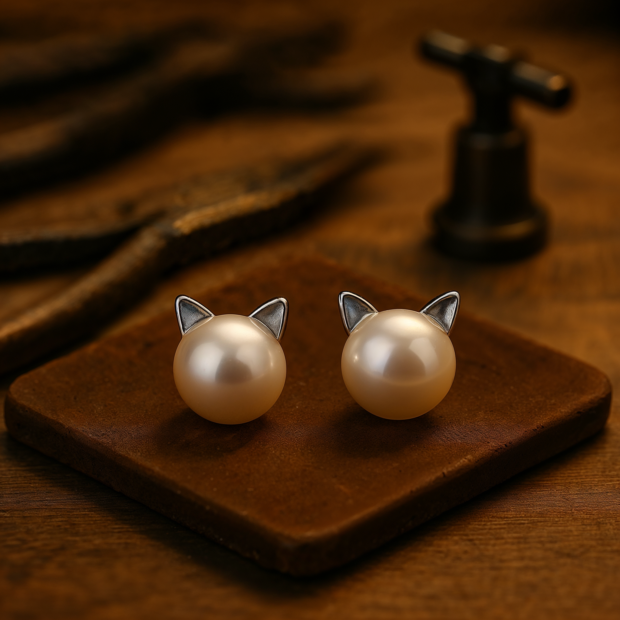 Sterling silver cat-shaped pearl stud earrings
