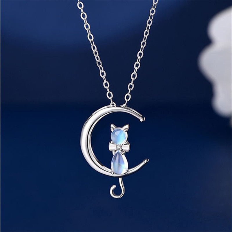 Necklace with Moonstone in the Shape of a Half Moon and Cat