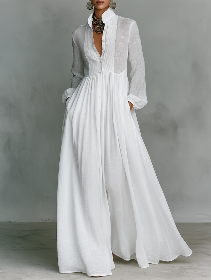 Elisa | Maxi minimalistische jurk van katoen en linnen met patchwork, hoge hals en lange mouwen