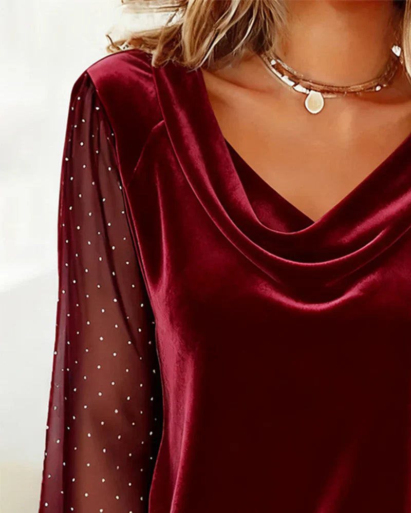 Amelia - Blouse with Draped Collar and Semi-Transparent Panels