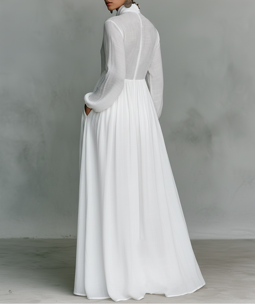 Elisa | Maxi minimalistische jurk van katoen en linnen met patchwork, hoge hals en lange mouwen