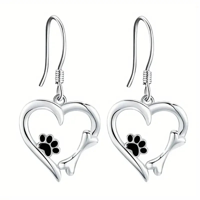 Silver Hanging Earrings with Heart and Paw Print Design