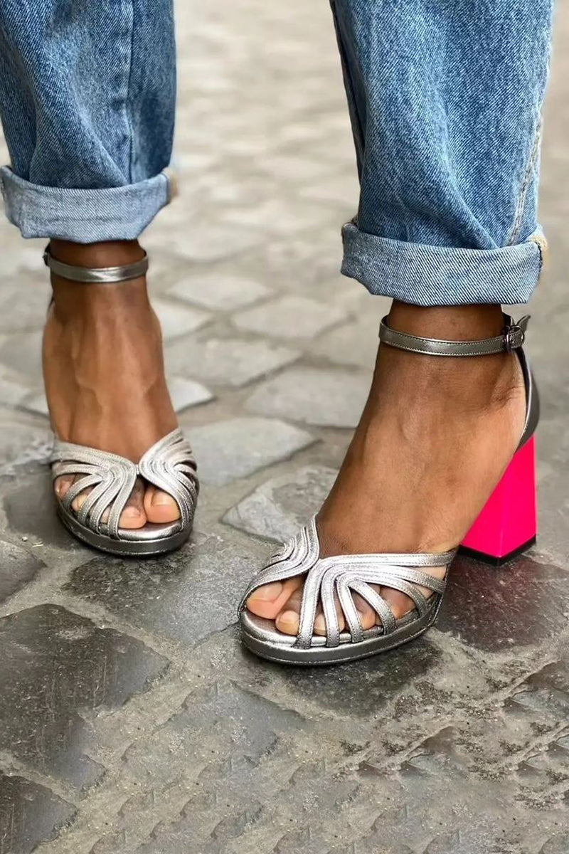 Naelle™ | Shiny sandals with a wide heel and elegant buckle